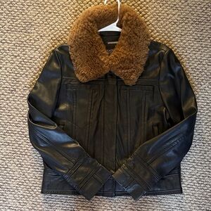 Black Real Leather Jacket with Shearling Collar sz L